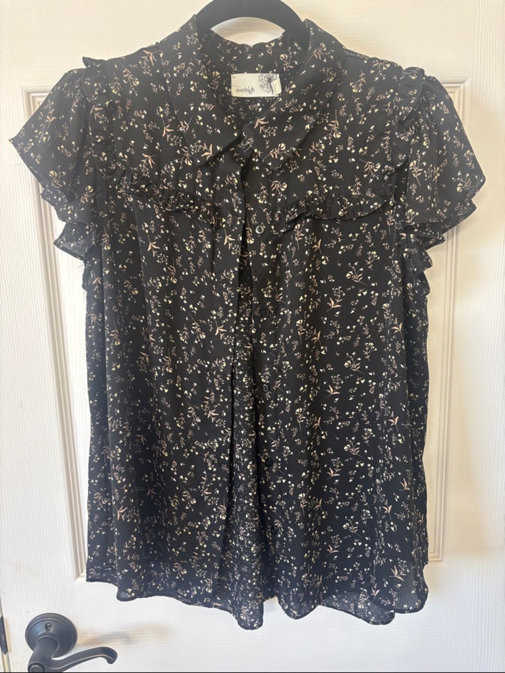 everleigh Black Floral Tie-Neck Ruffle Sleeve Top